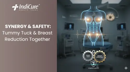 Medical diagram illustrating the combined surgical plan for tummy tuck and breast reduction